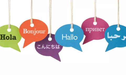 Het woord Hallo in verschillende talen en gekleurde ballonnen