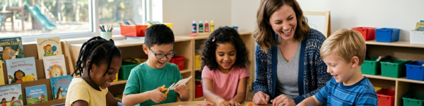 Kinderen die spelend leren met lerares