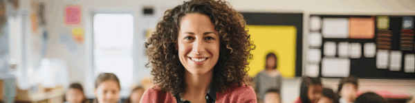 Een lachende docente die in de camera kijkt.