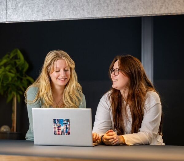 twee studenten zitten achter een laptop