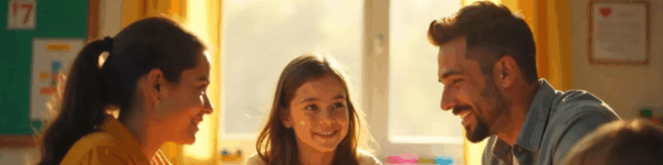 Ouders en kinderen in gesprek met leerkracht aan tafel.