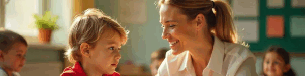 Lerares en leerling die samen aan een bureau zitten.